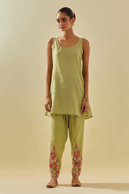 Kora_Green Silk Organza, Cotton, Floral Applique Embellished Kalidar Salwar Set _Online_at_Aza_Fashions