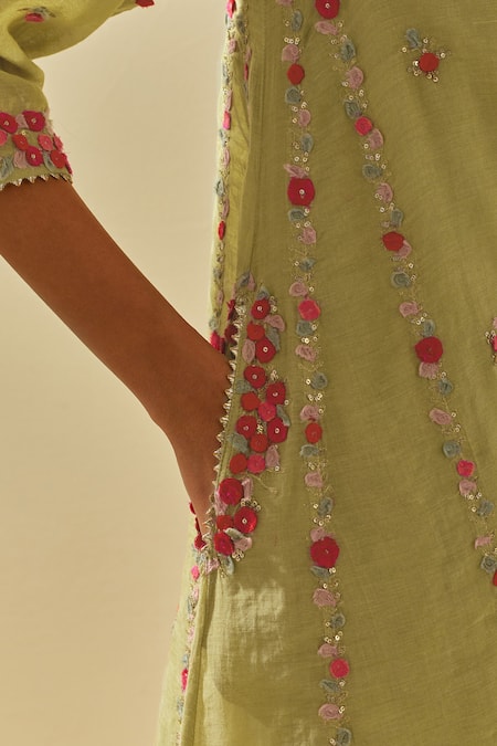 Buy_Kora_Green Silk Organza, Cotton, Floral Applique Embellished Kalidar Salwar Set _Online_at_Aza_Fashions