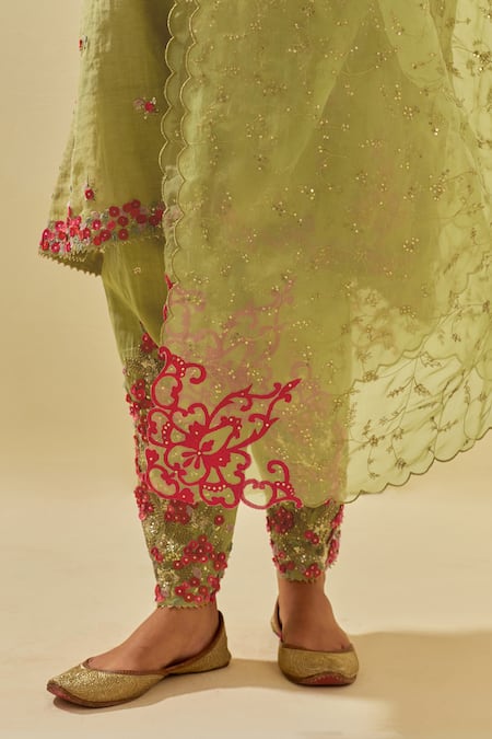 Shop_Kora_Green Silk Organza, Cotton, Floral Applique Embellished Kalidar Salwar Set _Online_at_Aza_Fashions