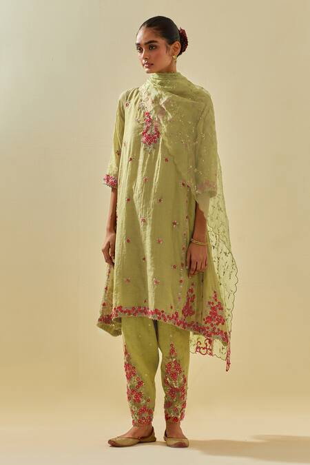 Kora_Green Silk Organza, Cotton, Floral Applique Embellished Kalidar Salwar Set _at_Aza_Fashions