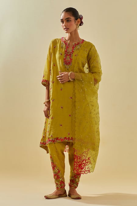 KORA Yellow Dupatta Silk Applique Embellished Panelled Kalidar Salwar Set  