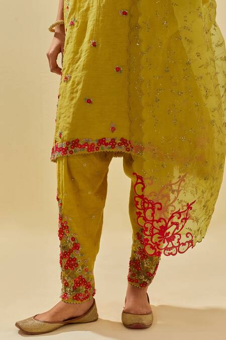 Shop Kora Yellow Tissue, Chanderi, Silk Organza Embellished Panelled Kalidar Salwar Set Online at Aza Fashions Shop_Kora_Yellow Tissue, Chanderi, Silk Organza Embellished Panelled Kalidar Salwar Set _Online_at_Aza_Fashions