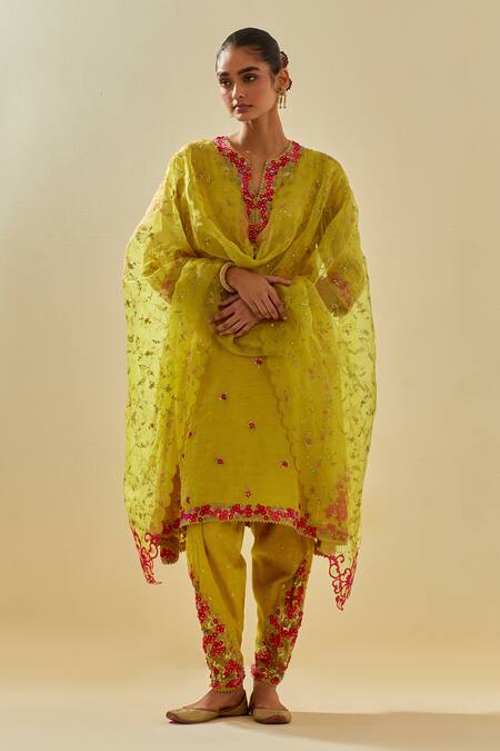 Kora Yellow Tissue, Chanderi, Silk Organza Embellished Panelled Kalidar Salwar Set at Aza Fashions Kora_Yellow Tissue, Chanderi, Silk Organza Embellished Panelled Kalidar Salwar Set _at_Aza_Fashions