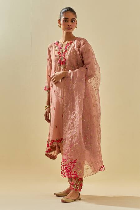 Shop Kora Pink Silk Organza, Cotton, Tissue, Applique Embellished Kalidar Salwar Set Online at Aza Fashions Shop_Kora_Pink Silk Organza, Cotton, Tissue, Applique Embellished Kalidar Salwar Set _Online_at_Aza_Fashions