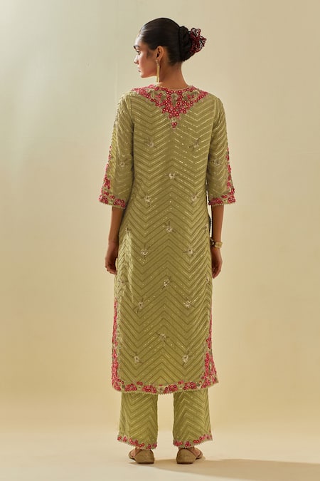 Shop Kora Green Tissue, Chanderi, Silk Floral Applique Embellished Chevron Kurta Pant Set at Aza Fashions Shop_Kora_Green Tissue, Chanderi, Silk Floral Applique Embellished Chevron Kurta Pant Set _at_Aza_Fashions