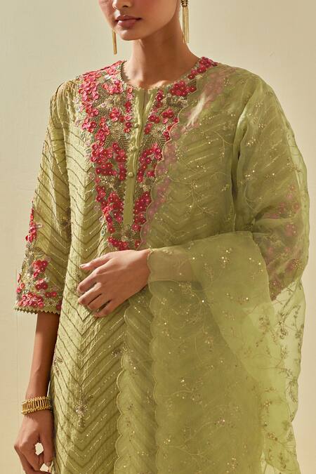 Kora Green Tissue, Chanderi, Silk Floral Applique Embellished Chevron Kurta Pant Set at Aza Fashions Kora_Green Tissue, Chanderi, Silk Floral Applique Embellished Chevron Kurta Pant Set _at_Aza_Fashions