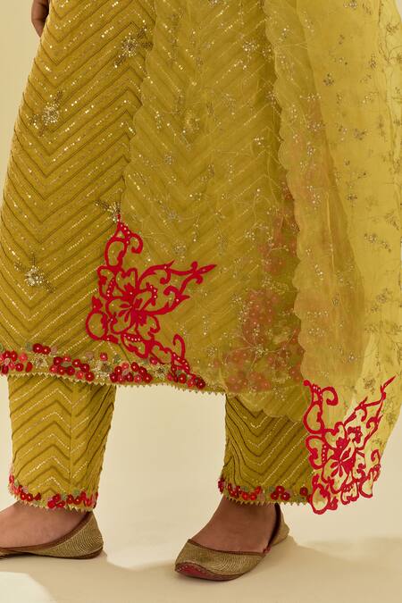 Buy Kora Yellow Tissue, Chanderi, Silk Organza Chevron Embellished Kurta Pant Set Online at Aza Fashions Buy_Kora_Yellow Tissue, Chanderi, Silk Organza Chevron Embellished Kurta Pant Set _Online_at_Aza_Fashions