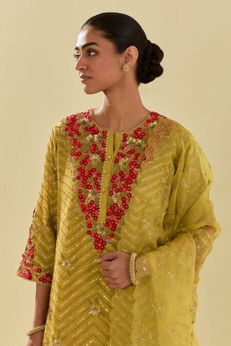 Shop Kora Yellow Tissue, Chanderi, Silk Organza Chevron Embellished Kurta Pant Set Online at Aza Fashions Shop_Kora_Yellow Tissue, Chanderi, Silk Organza Chevron Embellished Kurta Pant Set _Online_at_Aza_Fashions