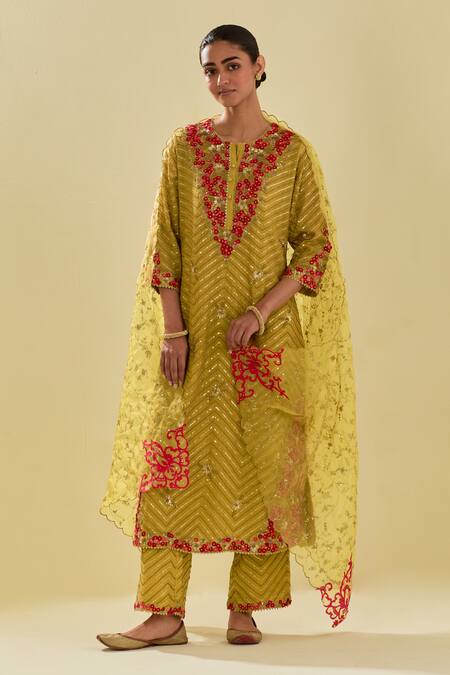 Kora Yellow Tissue, Chanderi, Silk Organza Chevron Embellished Kurta Pant Set at Aza Fashions Kora_Yellow Tissue, Chanderi, Silk Organza Chevron Embellished Kurta Pant Set _at_Aza_Fashions