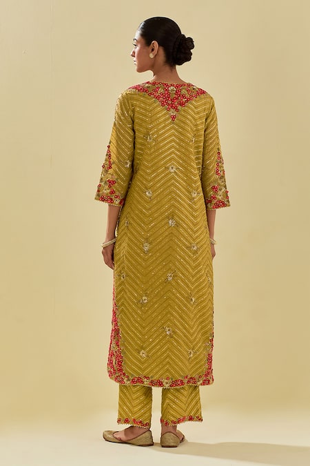 Shop Kora Yellow Tissue, Chanderi, Silk Organza Chevron Embellished Kurta Pant Set at Aza Fashions Shop_Kora_Yellow Tissue, Chanderi, Silk Organza Chevron Embellished Kurta Pant Set _at_Aza_Fashions