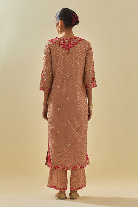 Shop Kora Pink Tissue, Chanderi, Silk Organza Chevron Embellished Kurta Pant Set at Aza Fashions Shop_Kora_Pink Tissue, Chanderi, Silk Organza Chevron Embellished Kurta Pant Set _at_Aza_Fashions