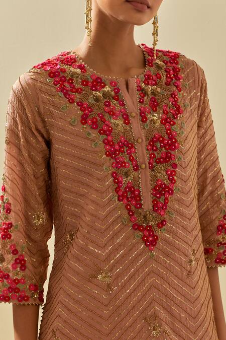 Kora Pink Tissue, Chanderi, Silk Organza Chevron Embellished Kurta Pant Set Online at Aza Fashions Kora_Pink Tissue, Chanderi, Silk Organza Chevron Embellished Kurta Pant Set _Online_at_Aza_Fashions