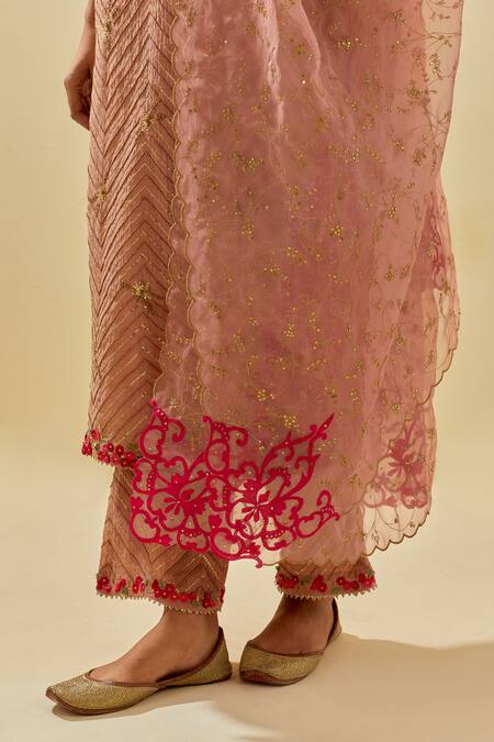 Buy Kora Pink Tissue, Chanderi, Silk Organza Chevron Embellished Kurta Pant Set Online at Aza Fashions Buy_Kora_Pink Tissue, Chanderi, Silk Organza Chevron Embellished Kurta Pant Set _Online_at_Aza_Fashions