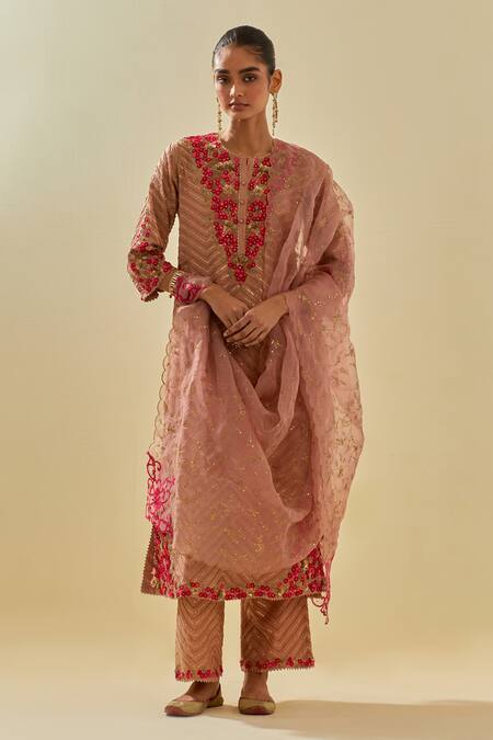 Shop Kora Pink Tissue, Chanderi, Silk Organza Chevron Embellished Kurta Pant Set Online at Aza Fashions Shop_Kora_Pink Tissue, Chanderi, Silk Organza Chevron Embellished Kurta Pant Set _Online_at_Aza_Fashions