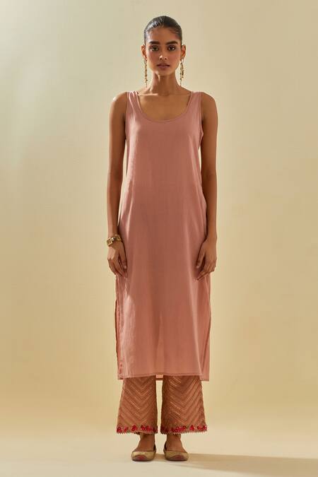 Kora Pink Tissue, Chanderi, Silk Organza Chevron Embellished Kurta Pant Set at Aza Fashions Kora_Pink Tissue, Chanderi, Silk Organza Chevron Embellished Kurta Pant Set _at_Aza_Fashions