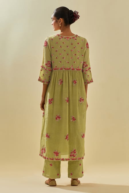 Shop Kora Green Tissue, Chanderi, Cotton, Silk Floral Cluster Applique Anarkali Pant Set at Aza Fashions Shop_Kora_Green Tissue, Chanderi, Cotton, Silk Floral Cluster Applique Anarkali Pant Set _at_Aza_Fashions