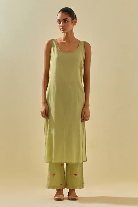 Kora Green Tissue, Chanderi, Cotton, Silk Floral Cluster Applique Anarkali Pant Set Online at Aza Fashions Kora_Green Tissue, Chanderi, Cotton, Silk Floral Cluster Applique Anarkali Pant Set _Online_at_Aza_Fashions