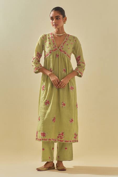 Buy Kora Green Tissue, Chanderi, Cotton, Silk Floral Cluster Applique Anarkali Pant Set Online at Aza Fashions Buy_Kora_Green Tissue, Chanderi, Cotton, Silk Floral Cluster Applique Anarkali Pant Set _Online_at_Aza_Fashions