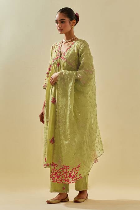 Shop Kora Green Tissue, Chanderi, Cotton, Silk Floral Cluster Applique Anarkali Pant Set Online at Aza Fashions Shop_Kora_Green Tissue, Chanderi, Cotton, Silk Floral Cluster Applique Anarkali Pant Set _Online_at_Aza_Fashions