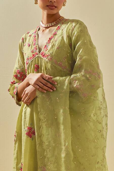 Kora Green Tissue, Chanderi, Cotton, Silk Floral Cluster Applique Anarkali Pant Set at Aza Fashions Kora_Green Tissue, Chanderi, Cotton, Silk Floral Cluster Applique Anarkali Pant Set _at_Aza_Fashions