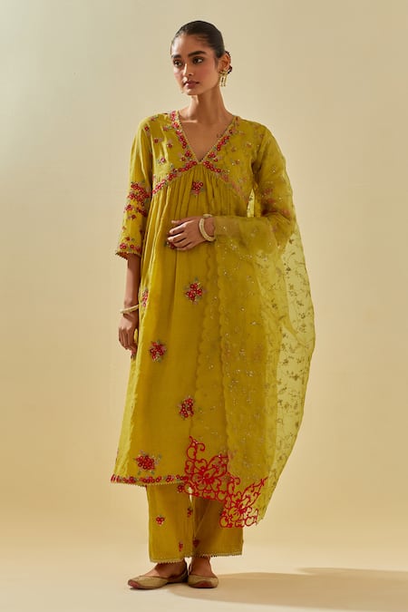 KORA Yellow Anarkali And Panttissue Chanderi Floral Embellished Pant Set  