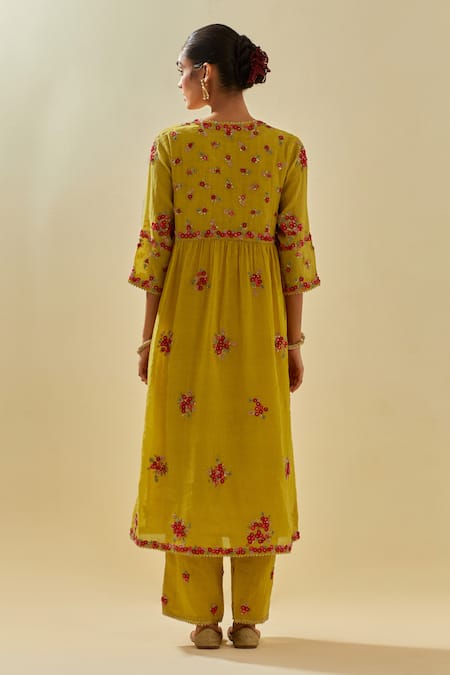 Shop Kora Yellow Tissue, Chanderi, Cotton, Silk Floral Embellished Anarkali Pant Set at Aza Fashions Shop_Kora_Yellow Tissue, Chanderi, Cotton, Silk Floral Embellished Anarkali Pant Set _at_Aza_Fashions