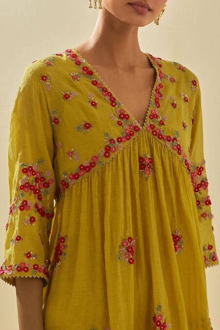 Buy Kora Yellow Tissue, Chanderi, Cotton, Silk Floral Embellished Anarkali Pant Set Online at Aza Fashions Buy_Kora_Yellow Tissue, Chanderi, Cotton, Silk Floral Embellished Anarkali Pant Set _Online_at_Aza_Fashions