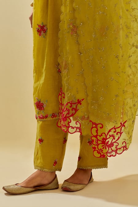 Shop Kora Yellow Tissue, Chanderi, Cotton, Silk Floral Embellished Anarkali Pant Set Online at Aza Fashions Shop_Kora_Yellow Tissue, Chanderi, Cotton, Silk Floral Embellished Anarkali Pant Set _Online_at_Aza_Fashions