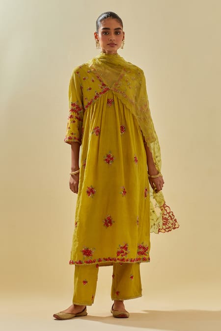 Kora Yellow Tissue, Chanderi, Cotton, Silk Floral Embellished Anarkali Pant Set at Aza Fashions Kora_Yellow Tissue, Chanderi, Cotton, Silk Floral Embellished Anarkali Pant Set _at_Aza_Fashions