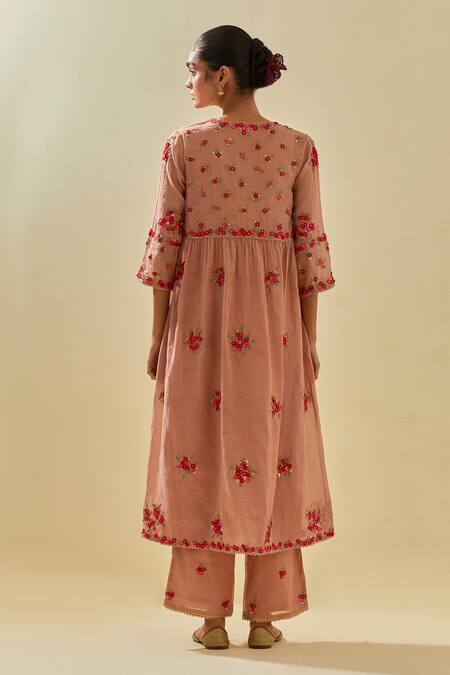 Shop Kora Pink Tissue, Chanderi, Silk Organza, Applique Embellished Anarkali Pant Set at Aza Fashions Shop_Kora_Pink Tissue, Chanderi, Silk Organza, Applique Embellished Anarkali Pant Set _at_Aza_Fashions