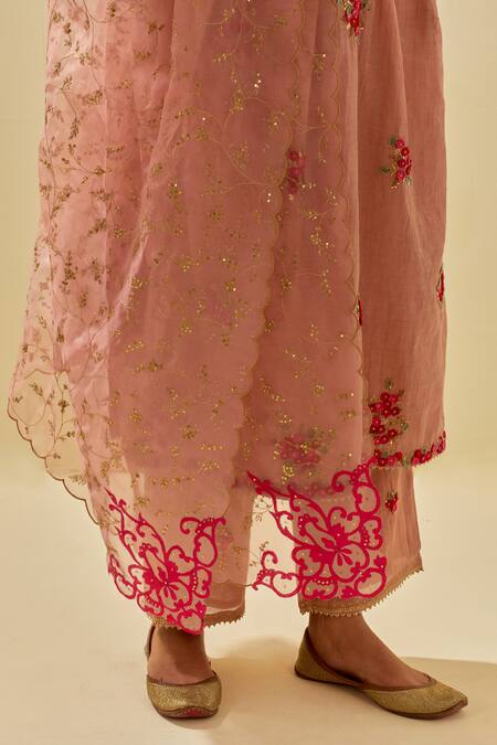 Shop Kora Pink Tissue, Chanderi, Silk Organza, Applique Embellished Anarkali Pant Set Online at Aza Fashions Shop_Kora_Pink Tissue, Chanderi, Silk Organza, Applique Embellished Anarkali Pant Set _Online_at_Aza_Fashions