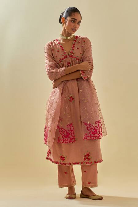 Kora Pink Tissue, Chanderi, Silk Organza, Applique Embellished Anarkali Pant Set at Aza Fashions Kora_Pink Tissue, Chanderi, Silk Organza, Applique Embellished Anarkali Pant Set _at_Aza_Fashions