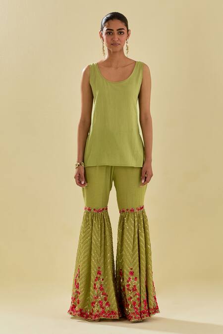 Kora Green Chanderi, Silk Organza, Applique Embellished Short Kurta Farsi Pant Set Online at Aza Fashions Kora_Green Chanderi, Silk Organza, Applique Embellished Short Kurta Farsi Pant Set _Online_at_Aza_Fashions