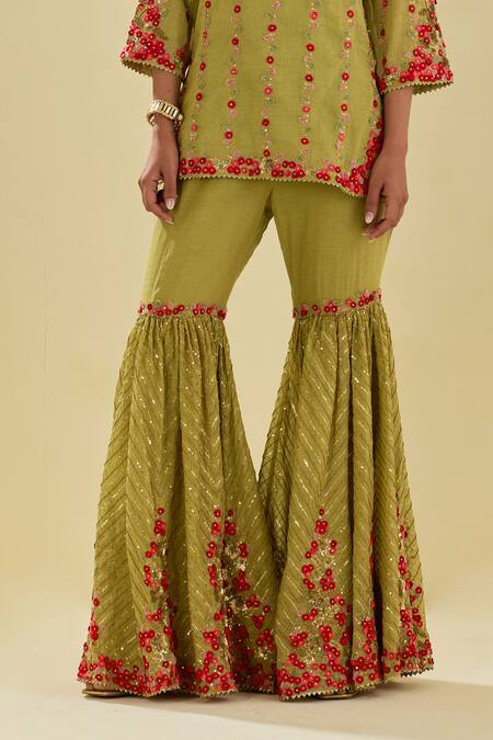 Buy Kora Green Chanderi, Silk Organza, Applique Embellished Short Kurta Farsi Pant Set Online at Aza Fashions Buy_Kora_Green Chanderi, Silk Organza, Applique Embellished Short Kurta Farsi Pant Set _Online_at_Aza_Fashions