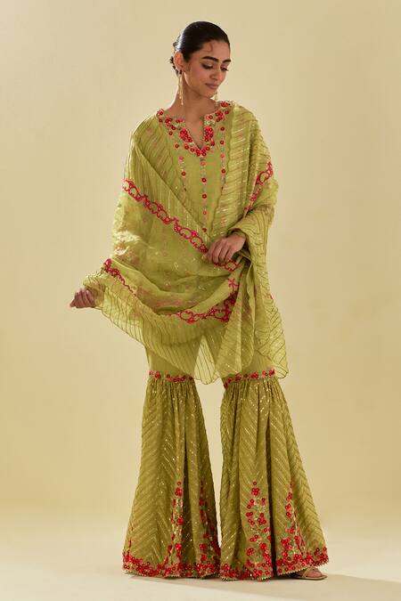 Shop Kora Green Chanderi, Silk Organza, Applique Embellished Short Kurta Farsi Pant Set Online at Aza Fashions Shop_Kora_Green Chanderi, Silk Organza, Applique Embellished Short Kurta Farsi Pant Set _Online_at_Aza_Fashions