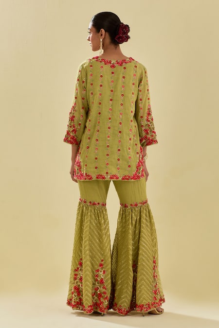 Shop Kora Green Chanderi, Silk Organza, Applique Embellished Short Kurta Farsi Pant Set at Aza Fashions Shop_Kora_Green Chanderi, Silk Organza, Applique Embellished Short Kurta Farsi Pant Set _at_Aza_Fashions