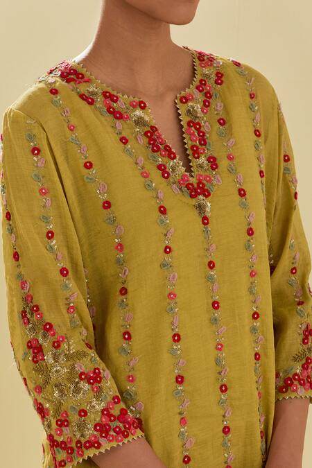 Buy Kora Yellow Chanderi, Silk Organza, Tissue Floral Applique Short Kurta Farsi Pant Set Online at Aza Fashions Buy_Kora_Yellow Chanderi, Silk Organza, Tissue Floral Applique Short Kurta Farsi Pant Set _Online_at_Aza_Fashions