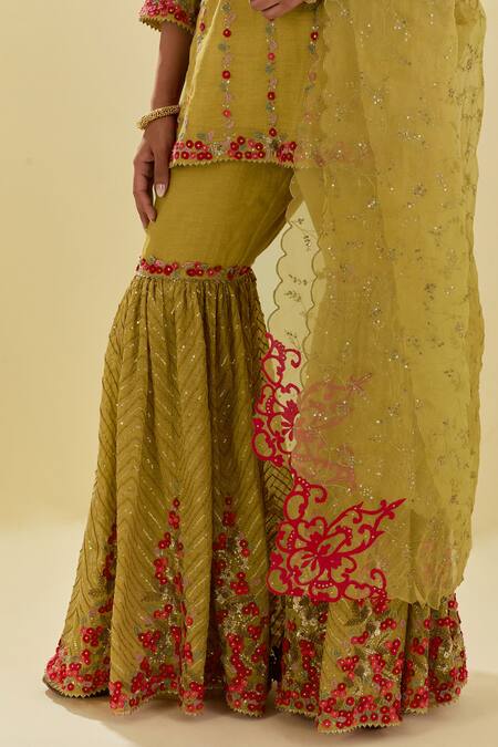 Shop Kora Yellow Chanderi, Silk Organza, Tissue Floral Applique Short Kurta Farsi Pant Set Online at Aza Fashions Shop_Kora_Yellow Chanderi, Silk Organza, Tissue Floral Applique Short Kurta Farsi Pant Set _Online_at_Aza_Fashions