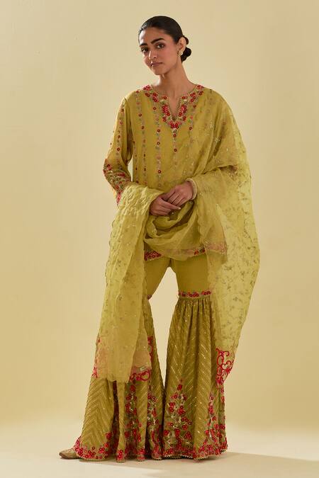 Kora Yellow Chanderi, Silk Organza, Tissue Floral Applique Short Kurta Farsi Pant Set at Aza Fashions Kora_Yellow Chanderi, Silk Organza, Tissue Floral Applique Short Kurta Farsi Pant Set _at_Aza_Fashions