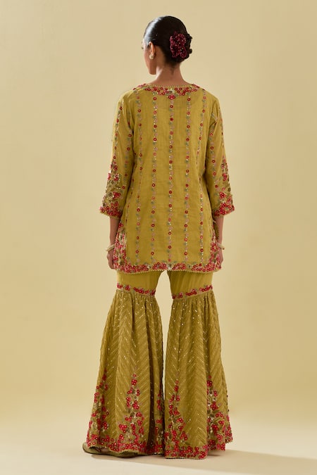 Shop Kora Yellow Chanderi, Silk Organza, Tissue Floral Applique Short Kurta Farsi Pant Set at Aza Fashions Shop_Kora_Yellow Chanderi, Silk Organza, Tissue Floral Applique Short Kurta Farsi Pant Set _at_Aza_Fashions
