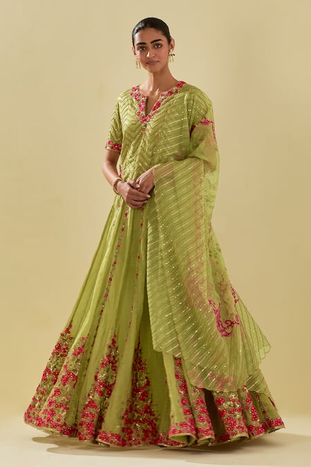 KORA Green Blouse And Lehengatissue Chanderi Floral Applique Embellished Lehenga Set 