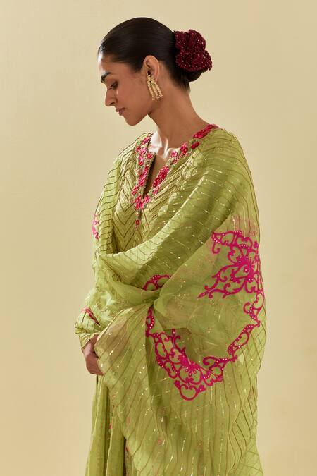 Kora Green Tissue, Silk Organza, Floral Applique Embellished Lehenga Blouse Set Online at Aza Fashions Kora_Green Tissue, Silk Organza, Floral Applique Embellished Lehenga Blouse Set _Online_at_Aza_Fashions