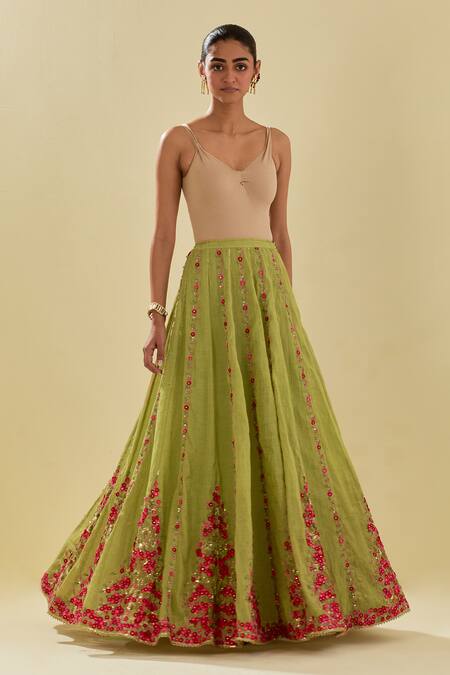 Shop Kora Green Tissue, Silk Organza, Floral Applique Embellished Lehenga Blouse Set Online at Aza Fashions Shop_Kora_Green Tissue, Silk Organza, Floral Applique Embellished Lehenga Blouse Set _Online_at_Aza_Fashions