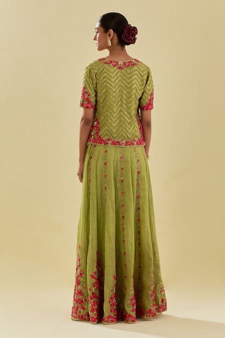 Shop Kora Green Tissue, Silk Organza, Floral Applique Embellished Lehenga Blouse Set at Aza Fashions Shop_Kora_Green Tissue, Silk Organza, Floral Applique Embellished Lehenga Blouse Set _at_Aza_Fashions