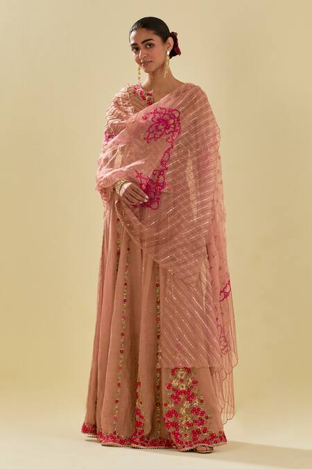 Shop Kora Pink Chanderi, Cotton, Silk Organza Applique Embellished Lehenga Blouse Set Online at Aza Fashions Shop_Kora_Pink Chanderi, Cotton, Silk Organza Applique Embellished Lehenga Blouse Set _Online_at_Aza_Fashions