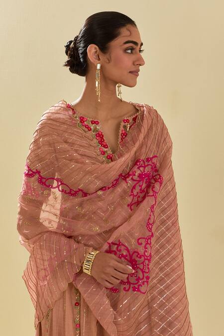 Kora Pink Chanderi, Cotton, Silk Organza Applique Embellished Lehenga Blouse Set at Aza Fashions Kora_Pink Chanderi, Cotton, Silk Organza Applique Embellished Lehenga Blouse Set _at_Aza_Fashions