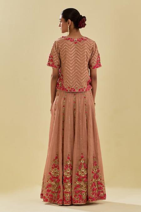 Shop Kora Pink Chanderi, Cotton, Silk Organza Applique Embellished Lehenga Blouse Set at Aza Fashions Shop_Kora_Pink Chanderi, Cotton, Silk Organza Applique Embellished Lehenga Blouse Set _at_Aza_Fashions