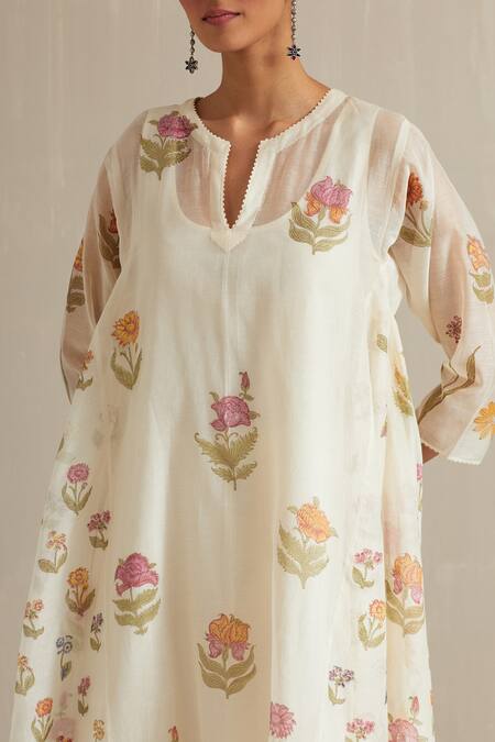 Upavita_Off White Cotton, Chanderi Floral Hand Block Print Asymmetric Anarkali Set _Online_at_Aza_Fashions