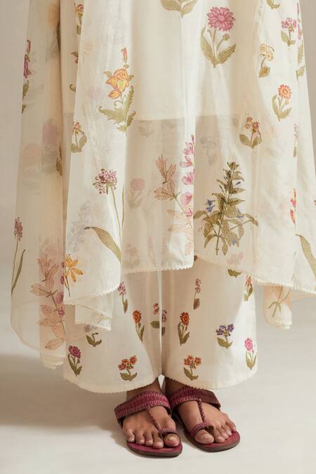 Buy_Upavita_Off White Cotton, Chanderi Floral Hand Block Print Asymmetric Anarkali Set _Online_at_Aza_Fashions