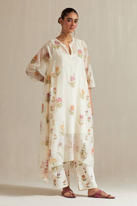Upavita_Off White Cotton, Chanderi Floral Hand Block Print Asymmetric Anarkali Set _at_Aza_Fashions